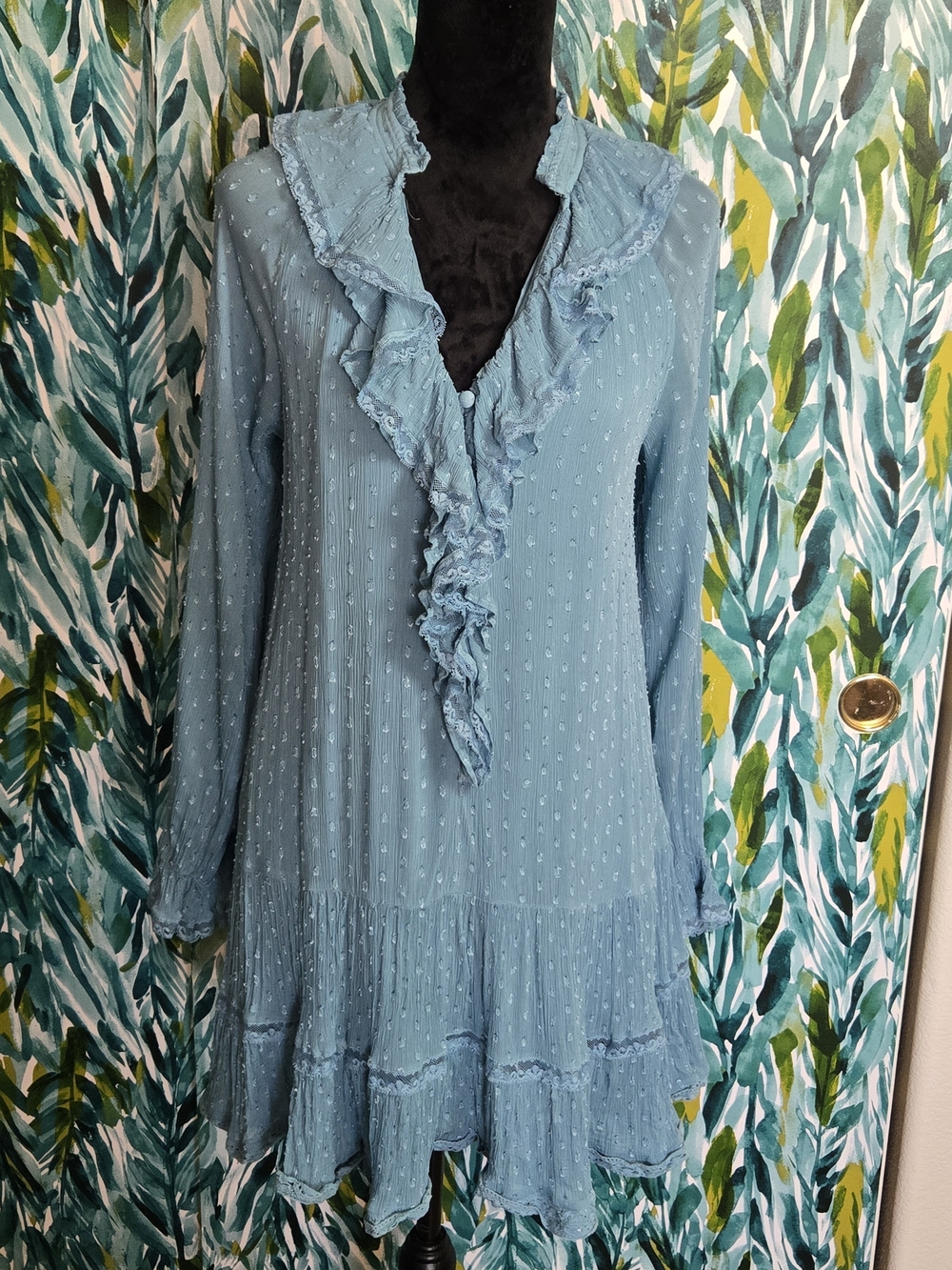 Anthropologie Powder Blue Ruffle-Trim Long Sleeve Dress